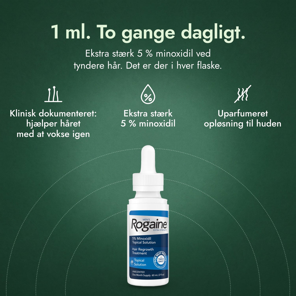 Men's Rogaine Extra Strength 5 %: 1 ml. To gange dagligt. Klinisk dokumenteret: hjælper håret med at vokse igen, Ekstra stærk 5 % minoxidil, Uparfumeret opløsning til huden