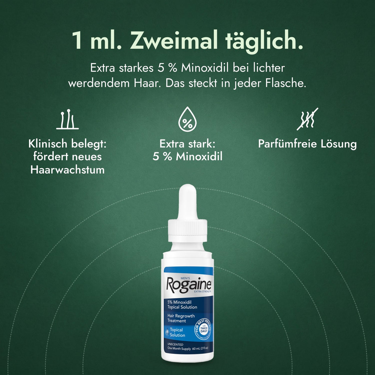 Rogaine Männer Extra Stark 5 %: 1 ml. Zweimal täglich. Klinisch belegt: fördert neues Haarwachstum, Extra stark: 5 % Minoxidil, Parfümfreie Lösung