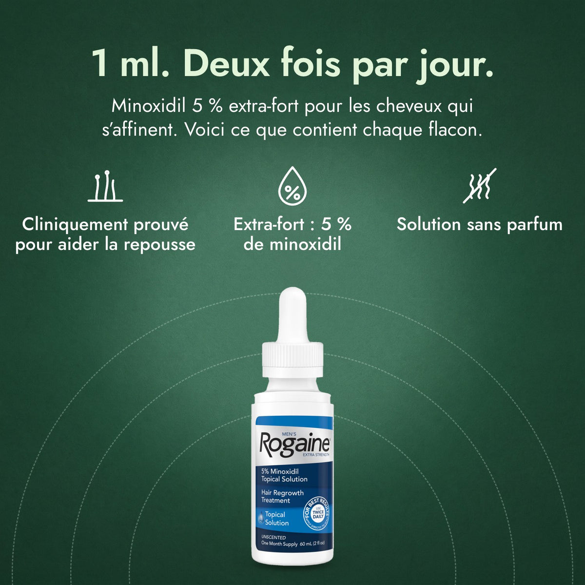 Rogaine Homme Extra-Fort 5 %: 1 ml. Deux fois par jour. Cliniquement prouvé pour aider la repousse, Extra-fort : 5 % de minoxidil, Solution sans parfum