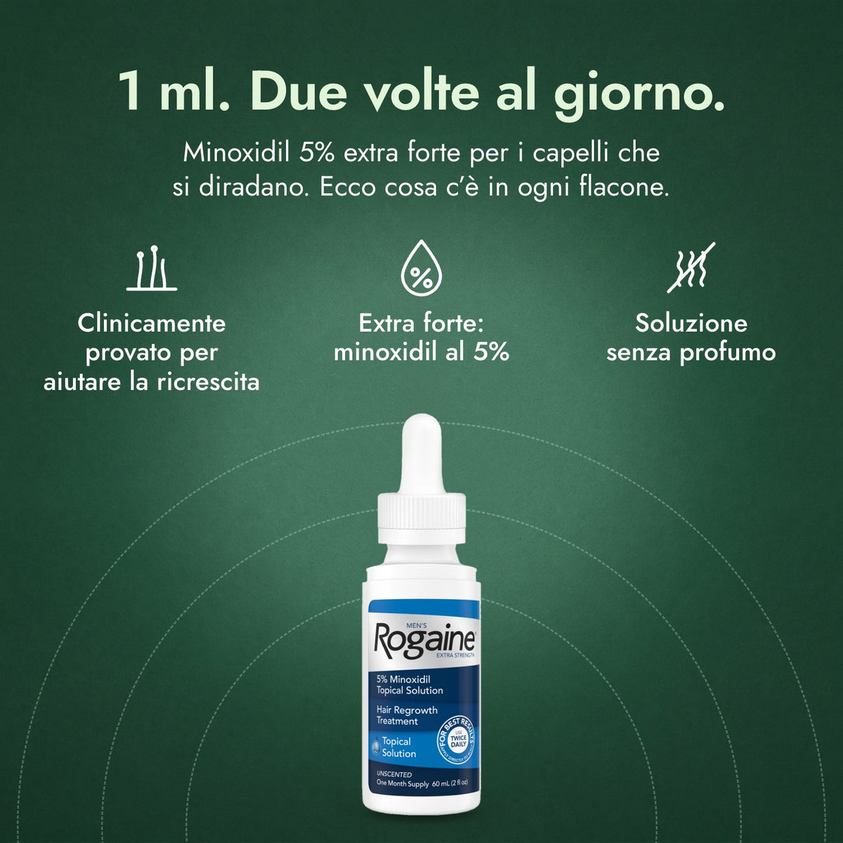 Rogaine Uomo Extra Forte 5%: 1 ml. Due volte al giorno. Clinicamente provato per aiutare la ricrescita, Extra forte: minoxidil al 5%, Soluzione senza profumo