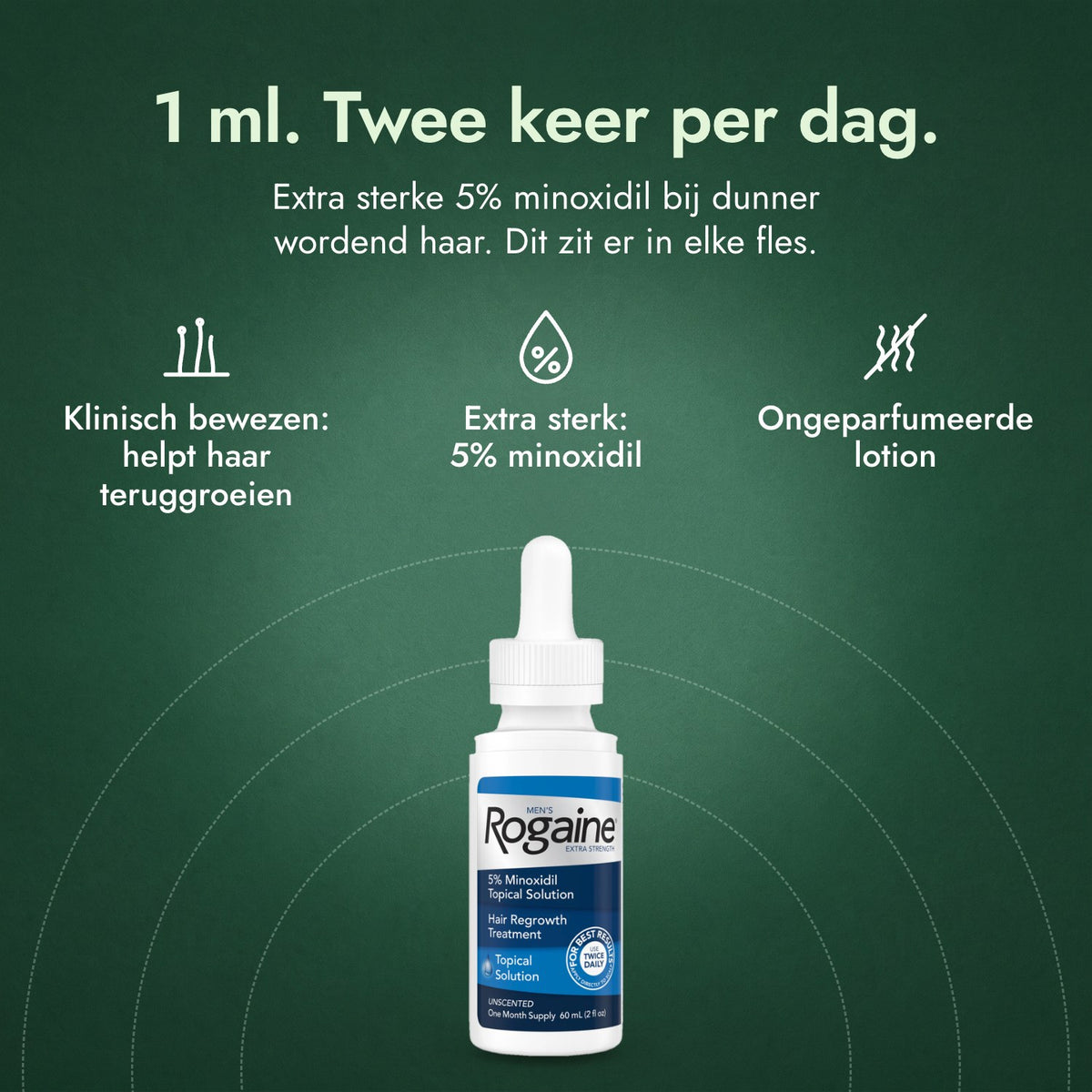 Rogaine voor mannen Extra Sterk 5%: 1 ml. Twee keer per dag. Klinisch bewezen: helpt haar teruggroeien, Extra sterk: 5% minoxidil, Ongeparfumeerde lotion