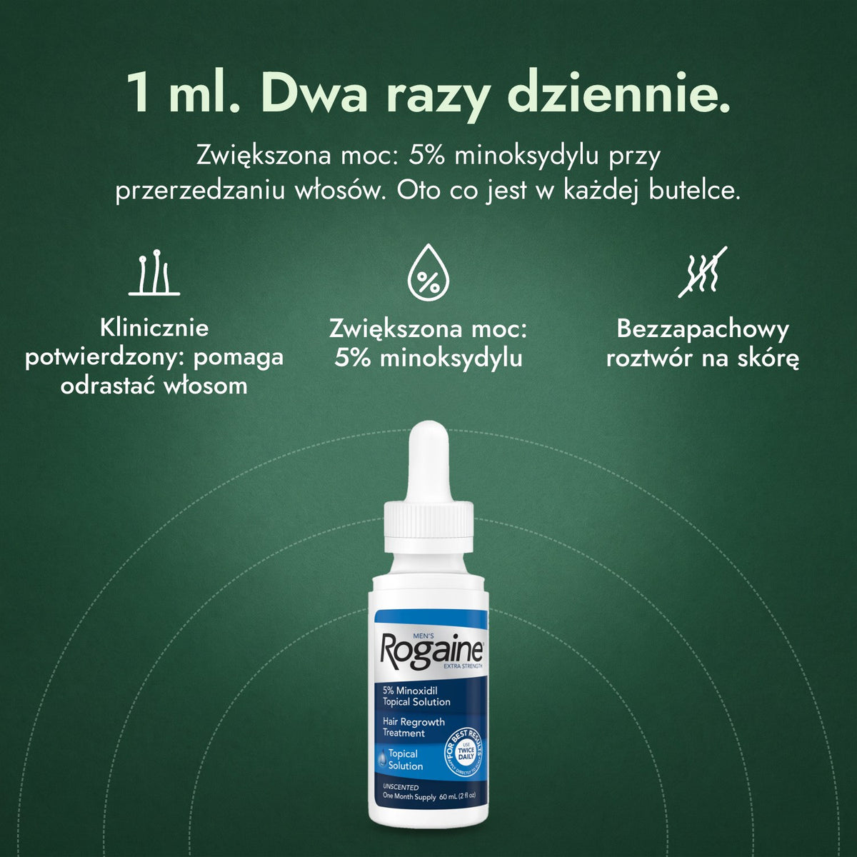 Men's Rogaine Extra Strength 5%: 1 ml. Dwa razy dziennie. Klinicznie potwierdzony: pomaga odrastać włosom, Zwiększona moc: 5% minoksydylu, Bezzapachowy roztwór na skórę