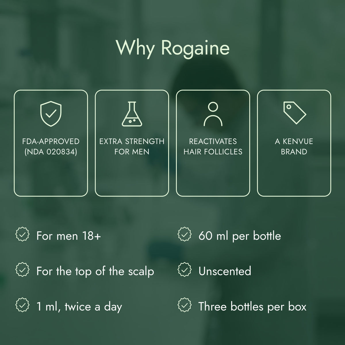 Why Rogaine: FDA-approved (NDA 020834), Extra strength for men, Reactivates hair follicles, A Kenvue brand