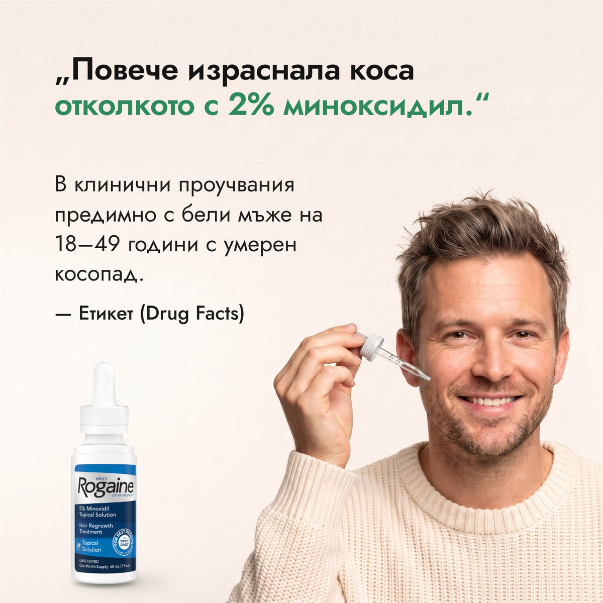 Повече израснала коса отколкото с 2% миноксидил. — Етикет (Drug Facts)