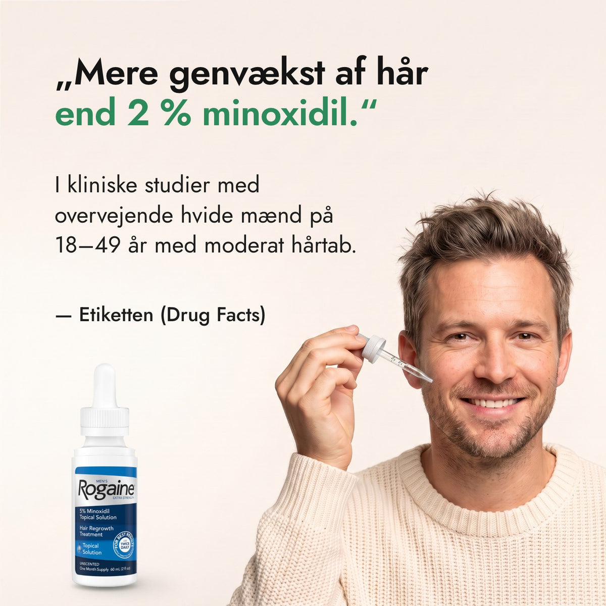 Mere genvækst af hår end 2 % minoxidil. — Etiketten (Drug Facts)