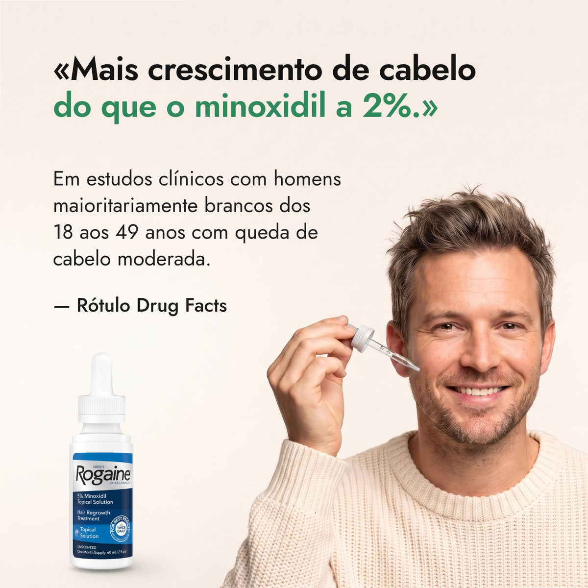 Mais crescimento de cabelo do que o minoxidil a 2%. — Rótulo Drug Facts