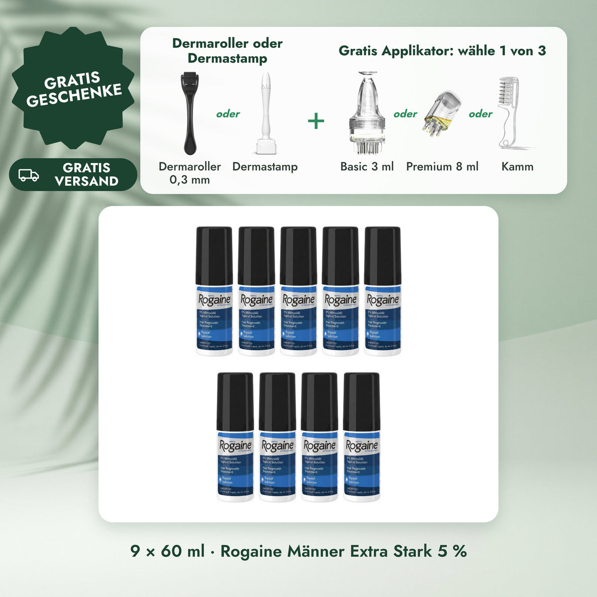 9 × 60 ml · Rogaine Männer Extra Stark 5 %: Dermaroller oder Dermastamp, Gratis Applikator: wähle 1 von 3