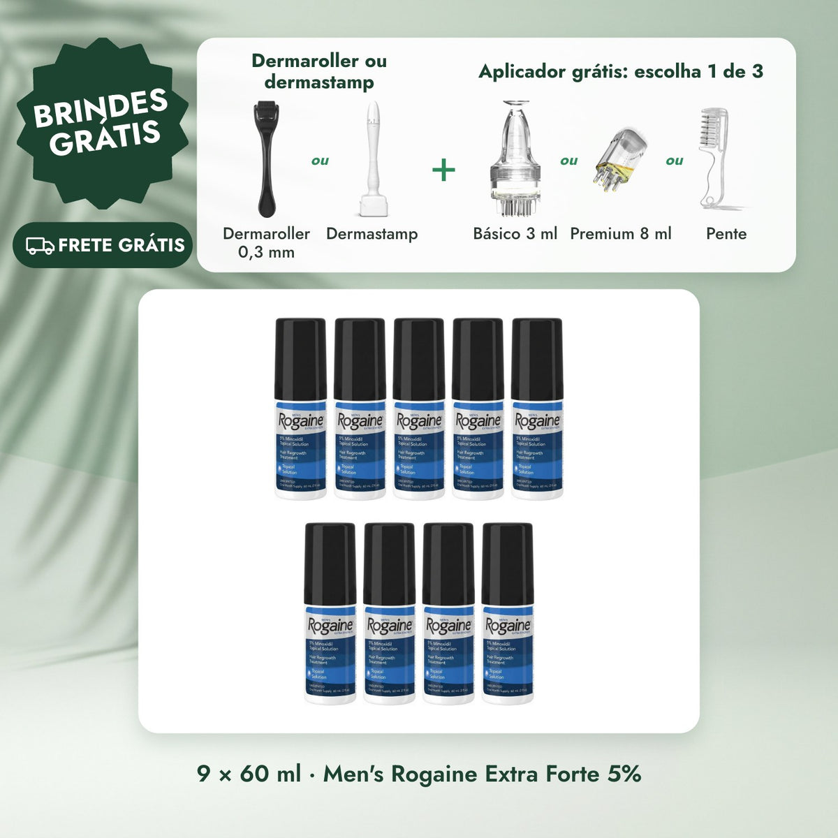 9 × 60 ml · Men's Rogaine Extra Forte 5%: Dermaroller ou dermastamp, Aplicador grátis: escolha 1 de 3