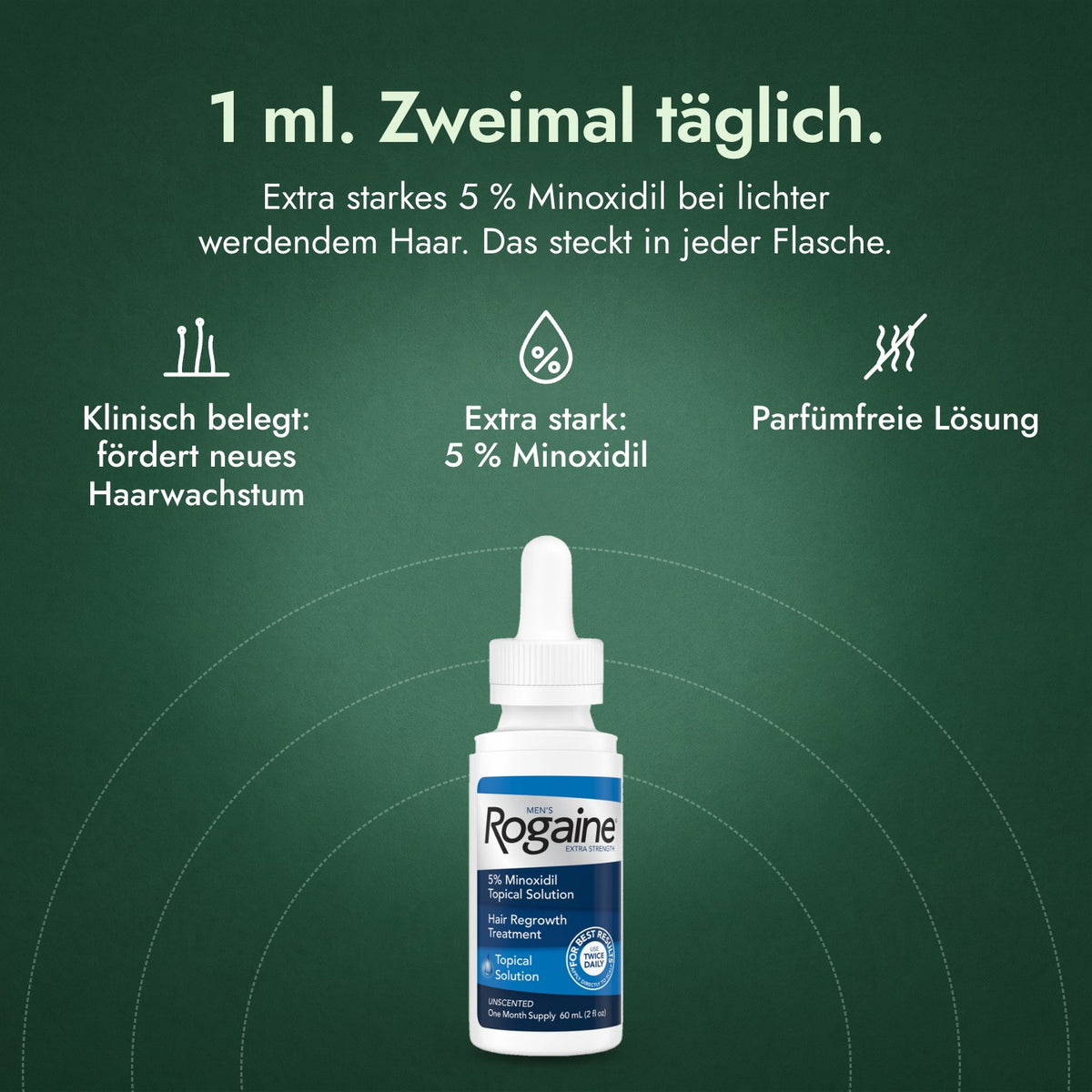Rogaine Männer Extra Stark 5 %: 1 ml. Zweimal täglich. Klinisch belegt: fördert neues Haarwachstum, Extra stark: 5 % Minoxidil, Parfümfreie Lösung