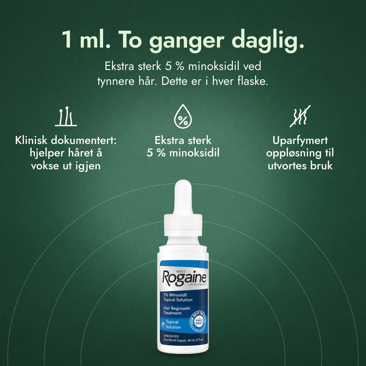 Men's Rogaine Extra Strength 5 %: 1 ml. To ganger daglig. Klinisk dokumentert: hjelper håret å vokse ut igjen, Ekstra sterk 5 % minoksidil, Uparfymert oppløsning til utvortes bruk