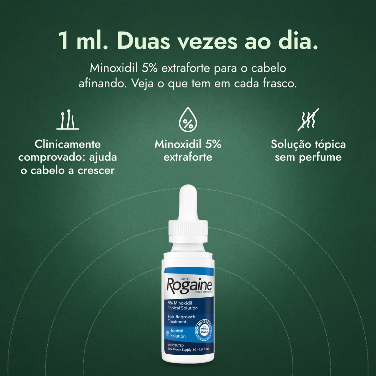 Men's Rogaine Extra Forte 5%: 1 ml. Duas vezes ao dia. Clinicamente comprovado: ajuda o cabelo a crescer, Minoxidil 5% extraforte, Solução tópica sem perfume