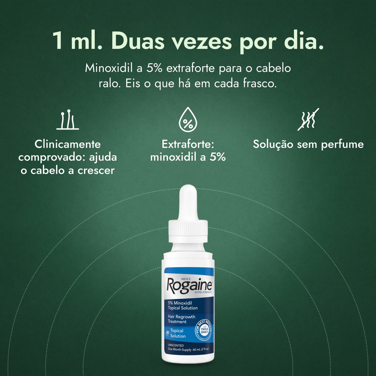Rogaine Homem Extra Forte 5%: 1 ml. Duas vezes por dia. Clinicamente comprovado: ajuda o cabelo a crescer, Extraforte: minoxidil a 5%, Solução sem perfume
