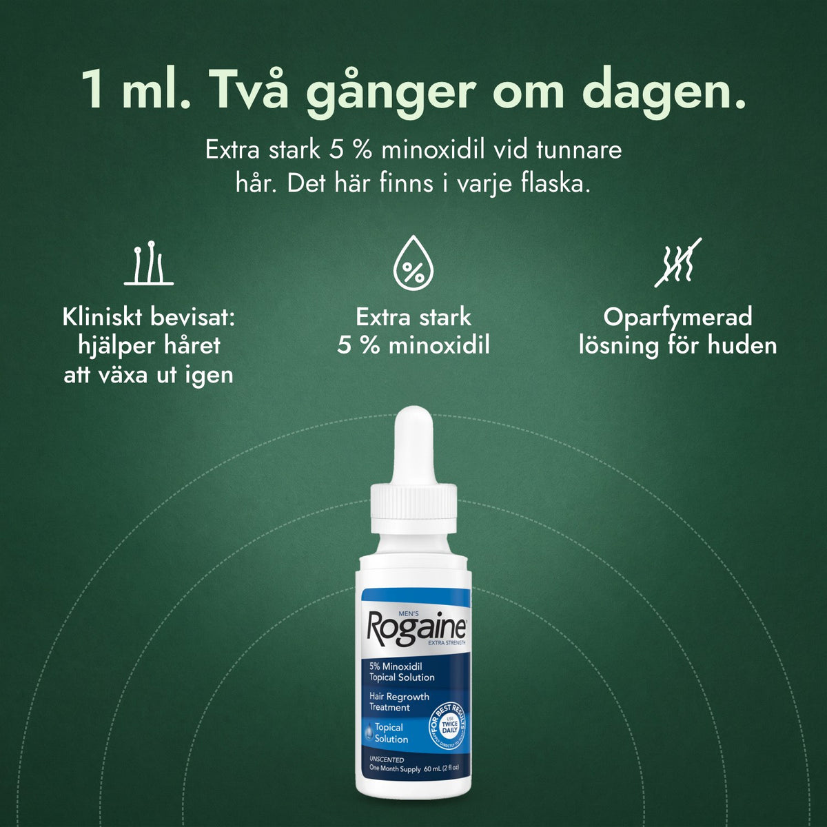 Men's Rogaine Extra Strength 5 %: 1 ml. Två gånger om dagen. Kliniskt bevisat: hjälper håret att växa ut igen, Extra stark 5 % minoxidil, Oparfymerad lösning för huden
