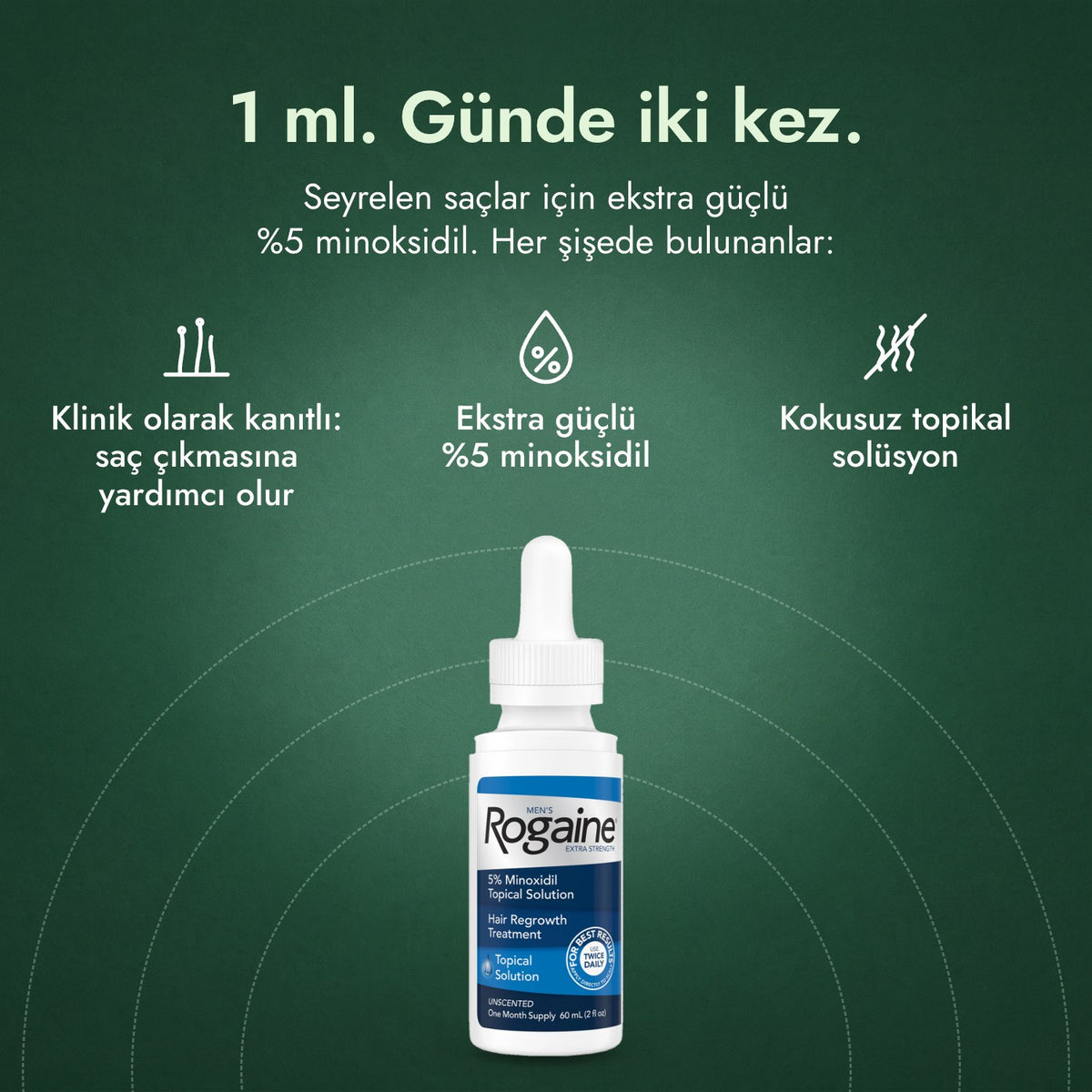 Men's Rogaine Extra Strength %5: 1 ml. Günde iki kez. Klinik olarak kanıtlı: saç çıkmasına yardımcı olur, Ekstra güçlü %5 minoksidil, Kokusuz topikal solüsyon