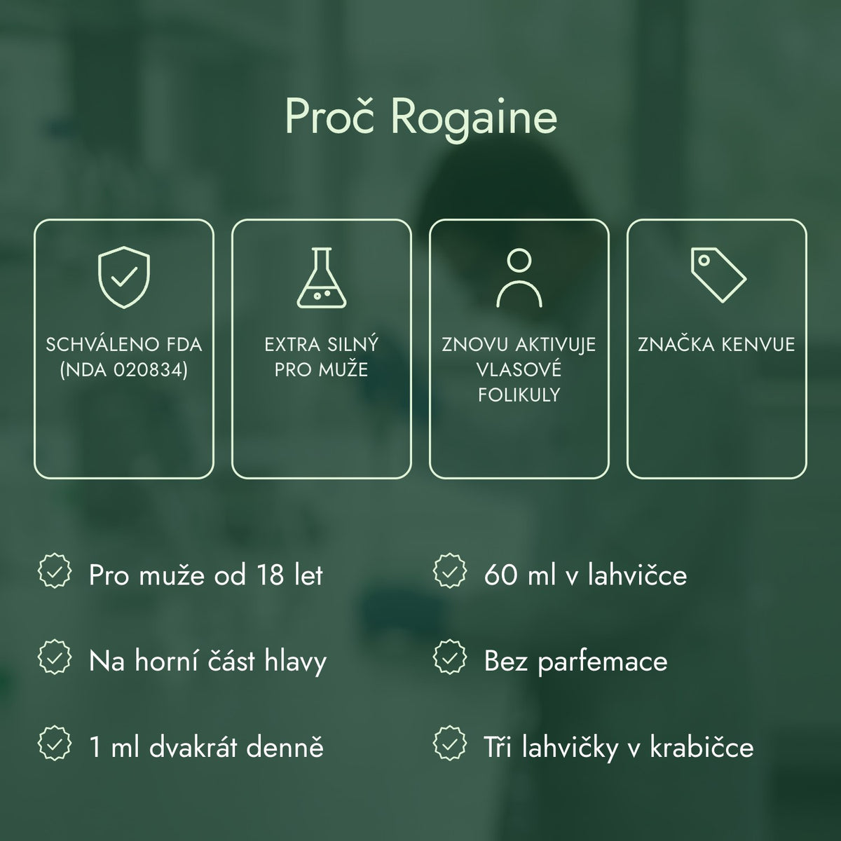Proč Rogaine: Schváleno FDA (NDA 020834), Extra silný pro muže, Znovu aktivuje vlasové folikuly, Značka Kenvue