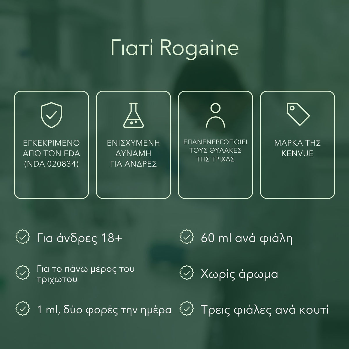 Γιατί Rogaine: Εγκεκριμένο από τον FDA (NDA 020834), Ενισχυμένη δύναμη για άνδρες, Επανενεργοποιεί τους θύλακες της τρίχας, Μάρκα της Kenvue