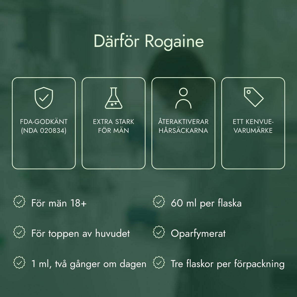 Därför Rogaine: FDA-godkänt (NDA 020834), Extra stark för män, Återaktiverar hårsäckarna, Ett Kenvue-varumärke