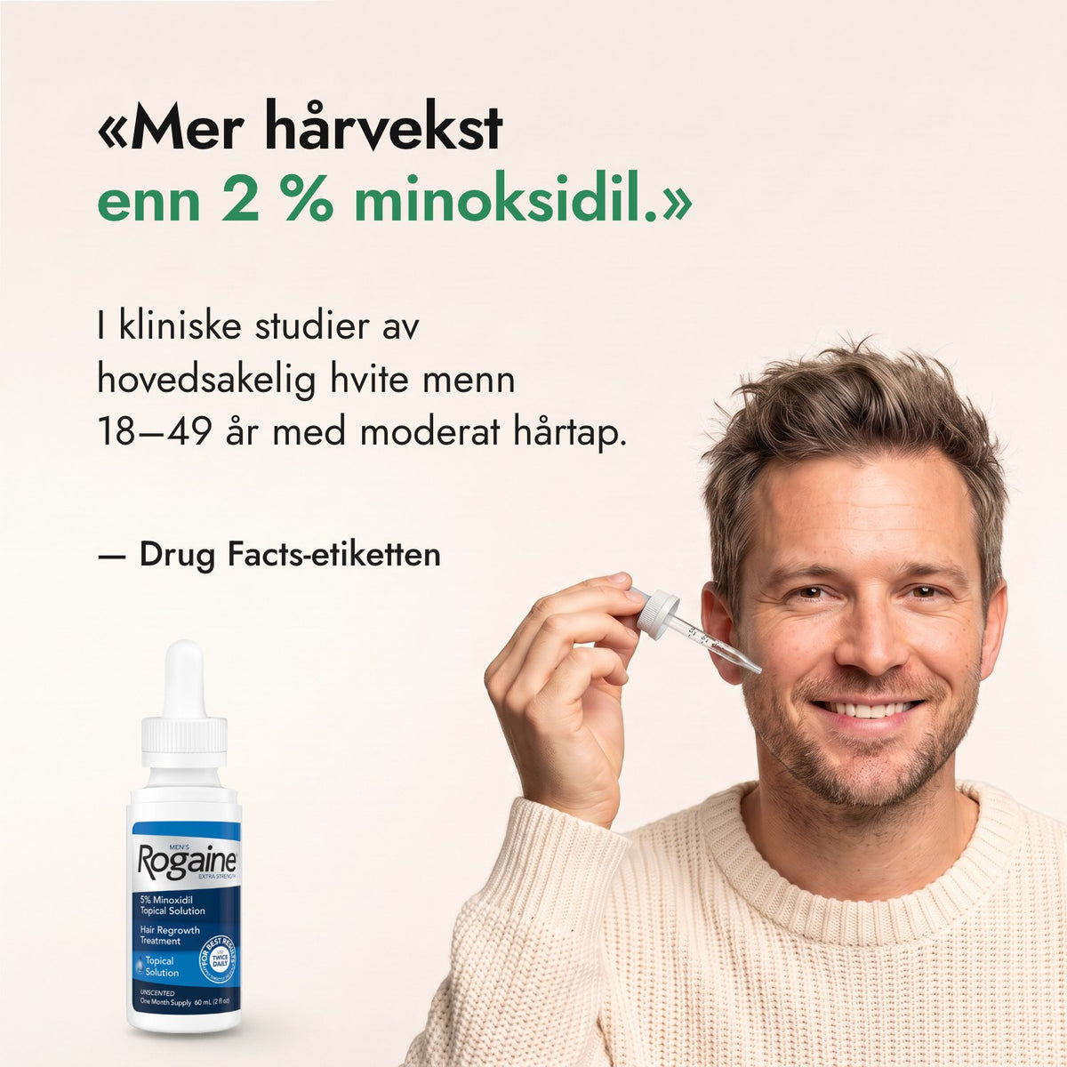 Mer hårvekst enn 2 % minoksidil. — Drug Facts-etiketten