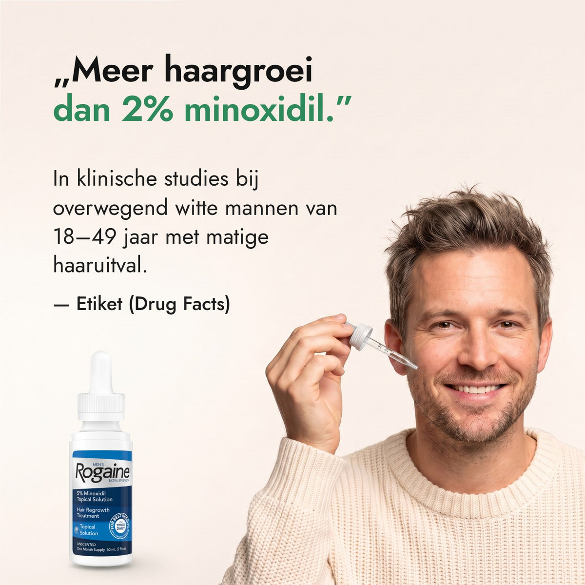 Meer haargroei dan 2% minoxidil. — Etiket (Drug Facts)