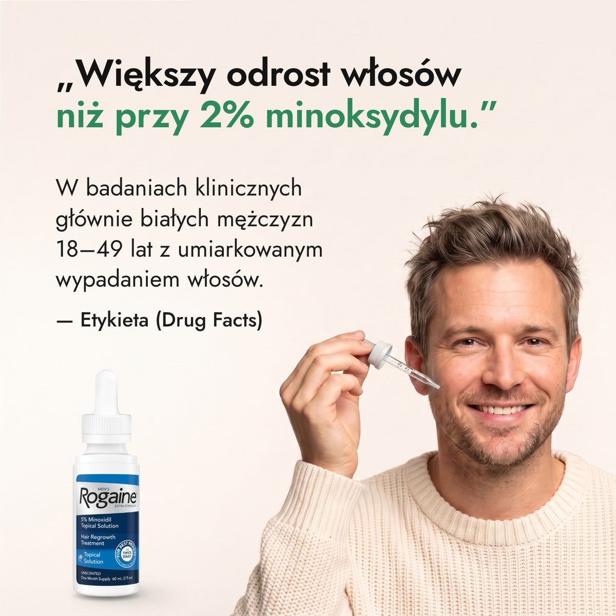 Większy odrost włosów niż przy 2% minoksydylu. — Etykieta (Drug Facts)