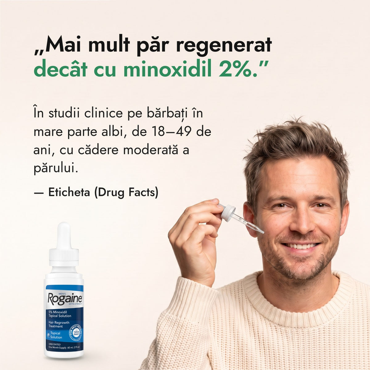 Mai mult păr regenerat decât cu minoxidil 2%. — Eticheta (Drug Facts)