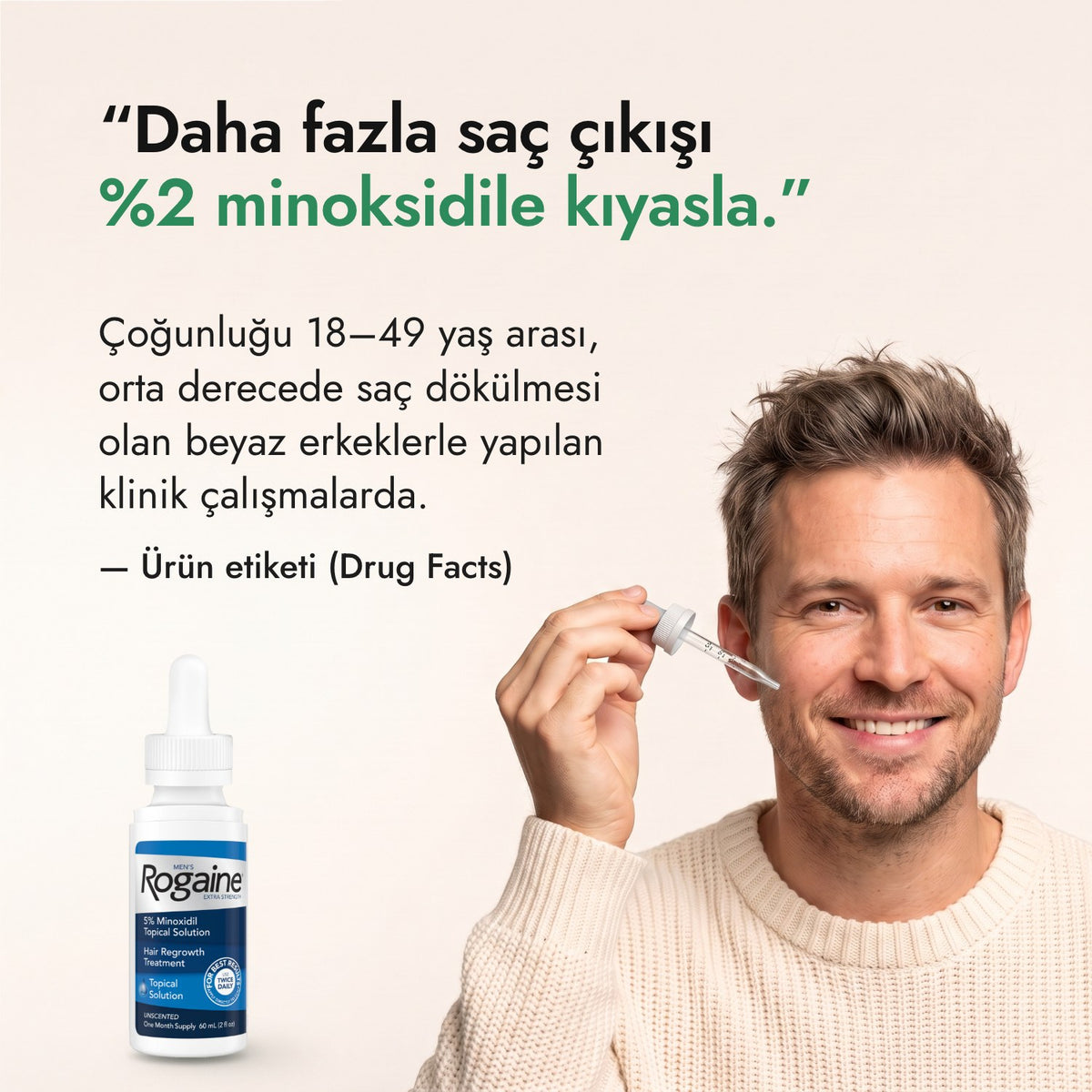 Daha fazla saç çıkışı %2 minoksidile kıyasla. — Ürün etiketi (Drug Facts)