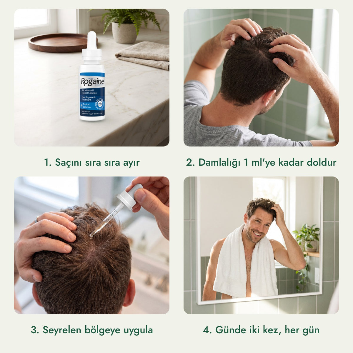 Men's Rogaine Extra Strength %5: Saçını sıra sıra ayır, Damlalığı 1 ml'ye kadar doldur, Seyrelen bölgeye uygula, Günde iki kez, her gün