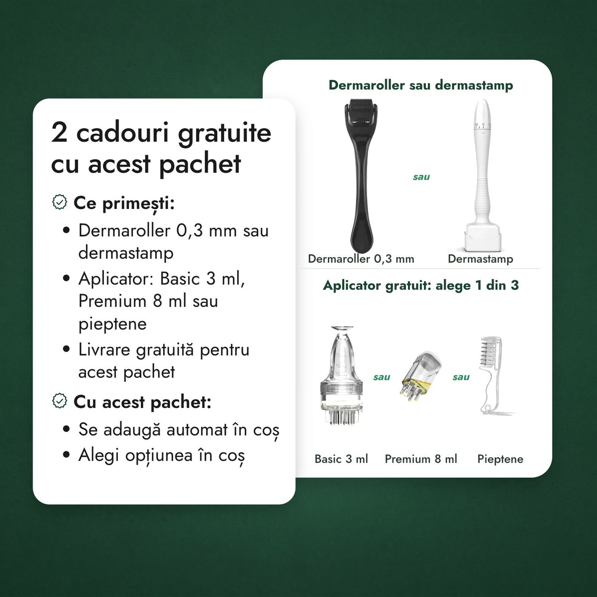 2 cadouri gratuite cu acest pachet: Dermaroller sau dermastamp, Aplicator gratuit: alege 1 din 3