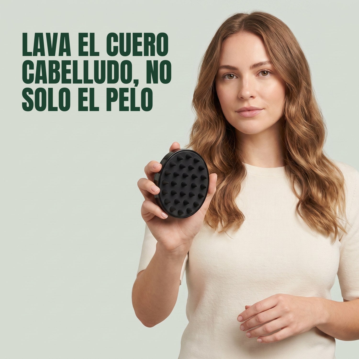 Woman holding the scalp massager brush against a green background