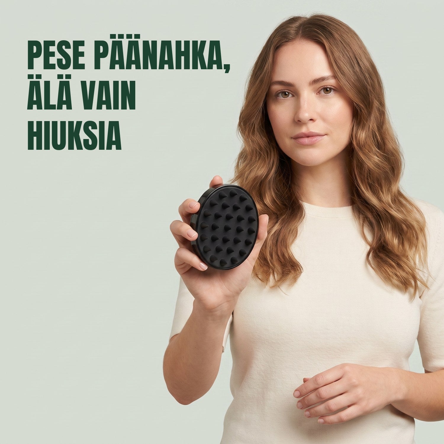 Nainen pitelee päänahkahierontaharjaa vihreää taustaa vasten