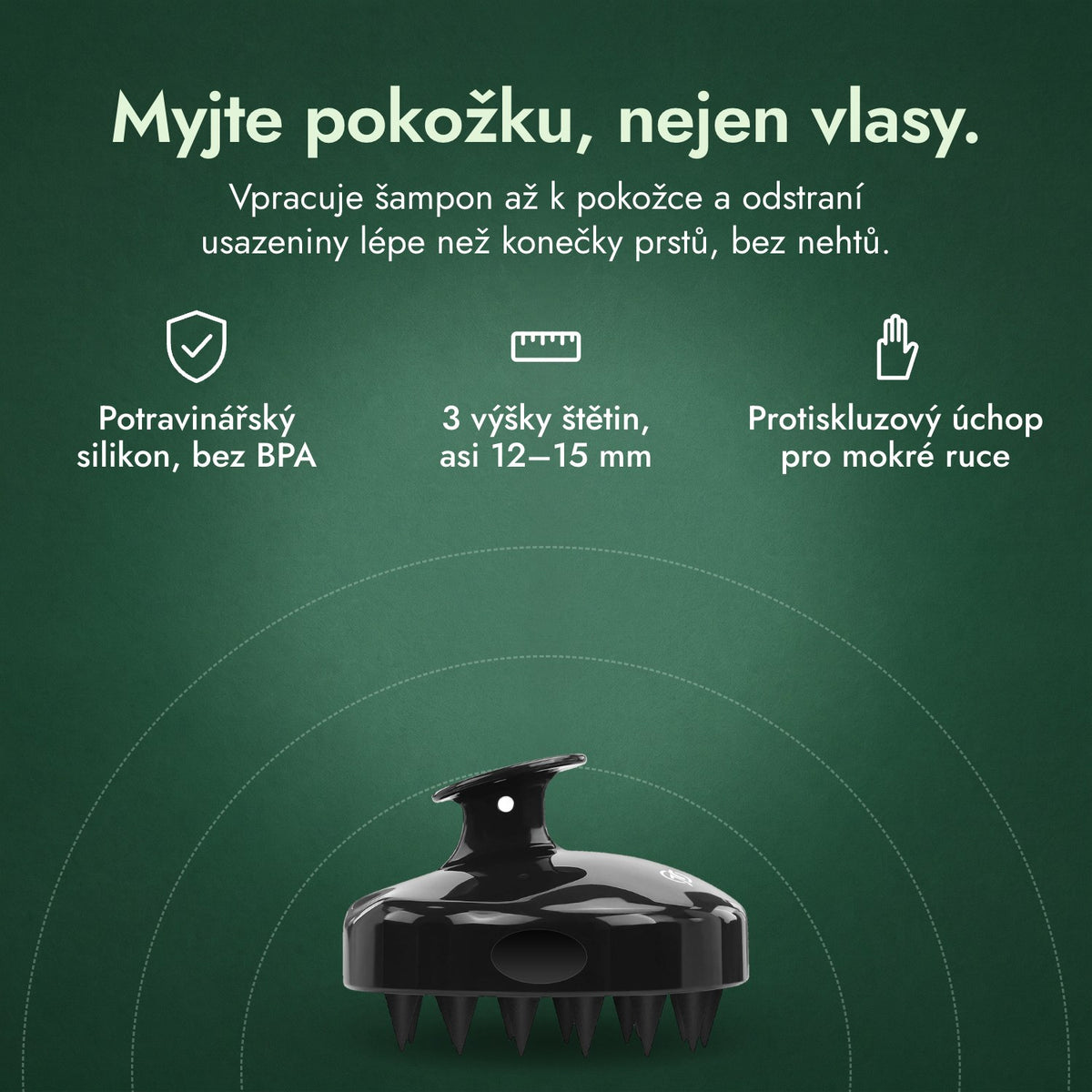 Masážní kartáč na mytí vlasů: Myjte pokožku, nejen vlasy. Potravinářský silikon, bez BPA, 3 výšky štětin, asi 12–15 mm, Protiskluzový úchop pro mokré ruce
