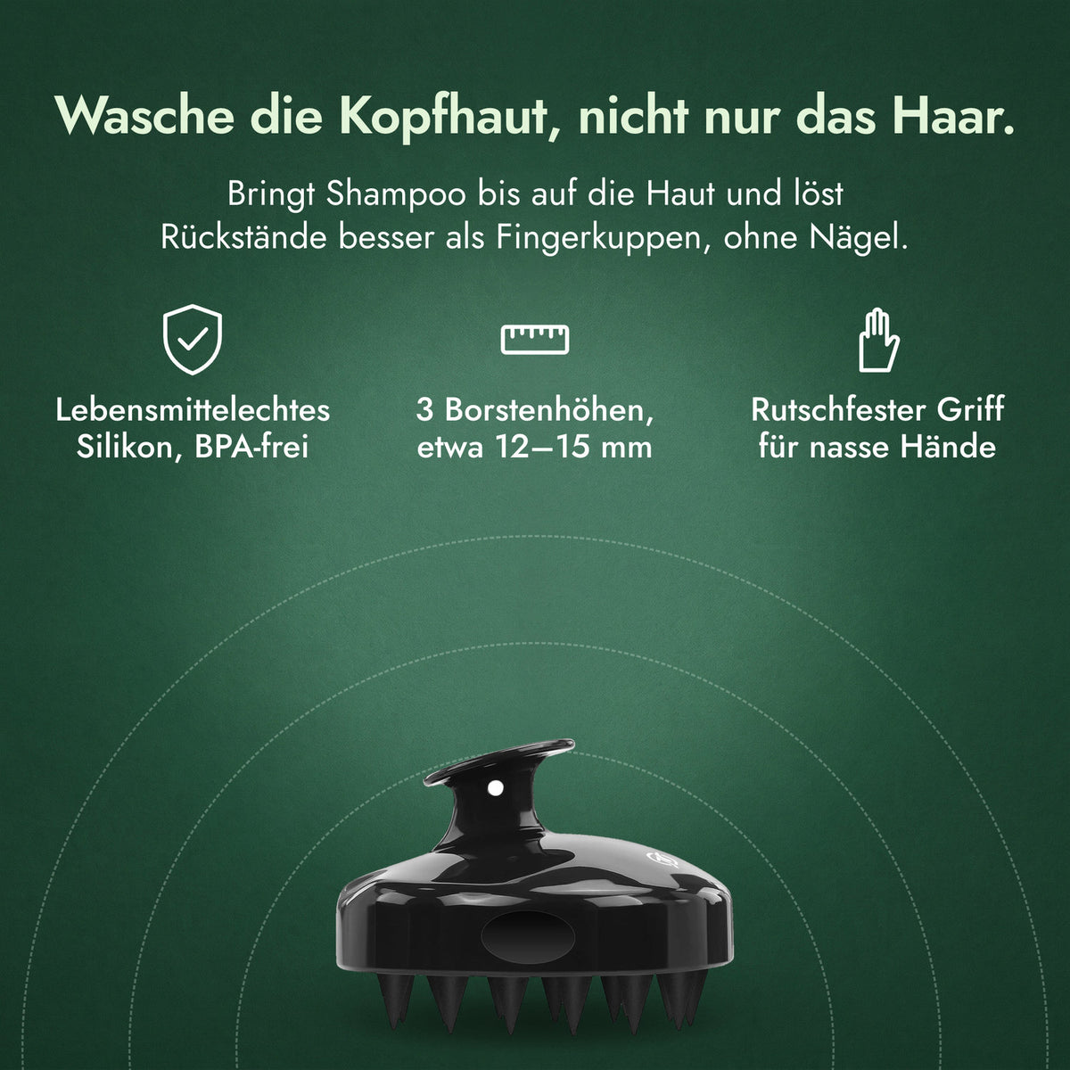 Kopfhautmassager, Shampoobürste: Wasche die Kopfhaut, nicht nur das Haar. Lebensmittelechtes Silikon, BPA-frei, 3 Borstenhöhen, etwa 12–15 mm, Rutschfester Griff für nasse Hände