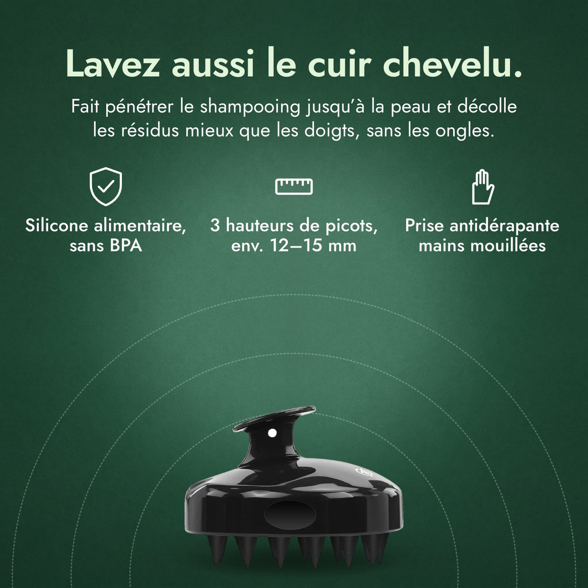 Masseur crânien, brosse à shampooing: Lavez aussi le cuir chevelu. Silicone alimentaire, sans BPA, 3 hauteurs de picots, env. 12–15 mm, Prise antidérapante mains mouillées