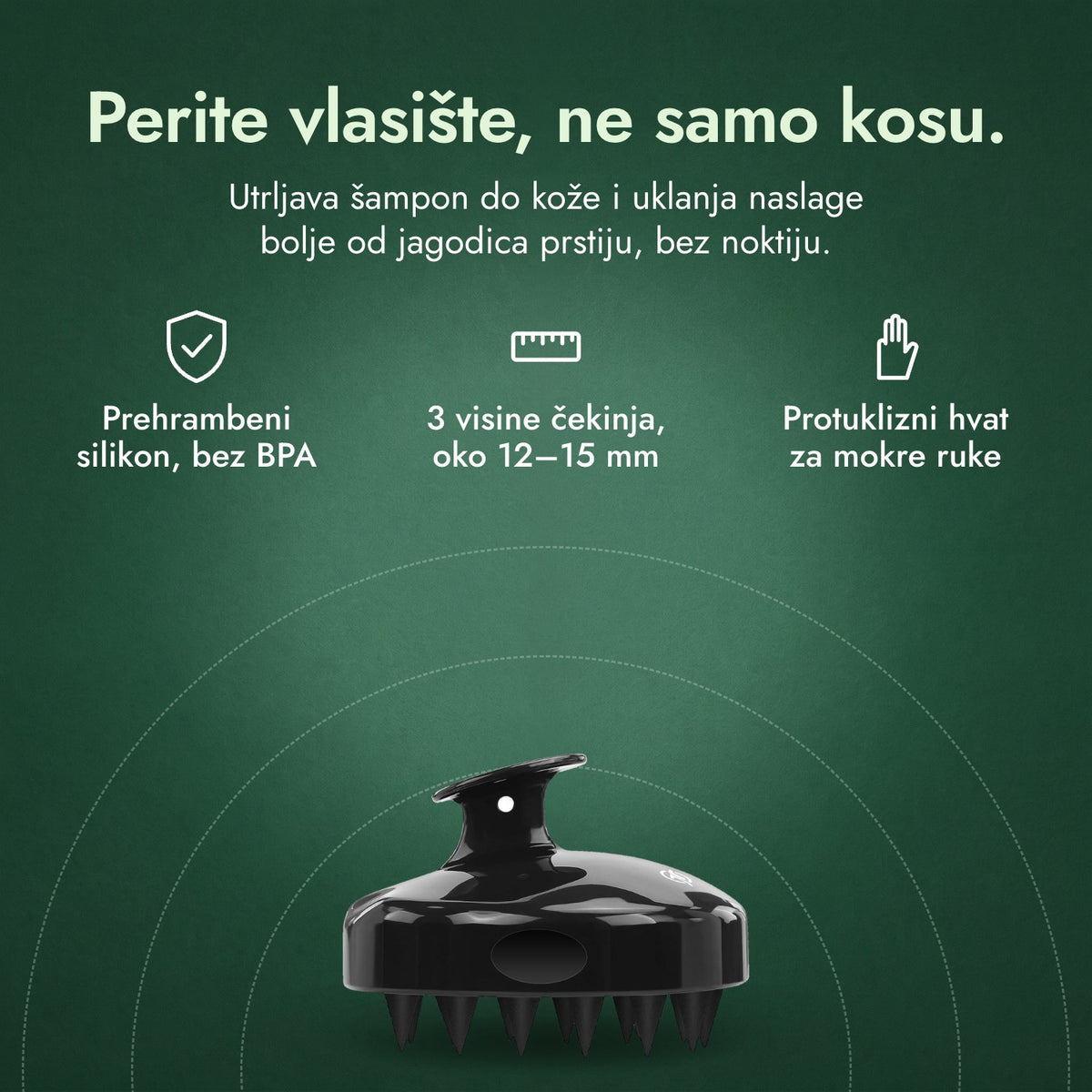 Četka za masažu vlasišta i pranje: Perite vlasište, ne samo kosu. Prehrambeni silikon, bez BPA, 3 visine čekinja, oko 12–15 mm, Protuklizni hvat za mokre ruke