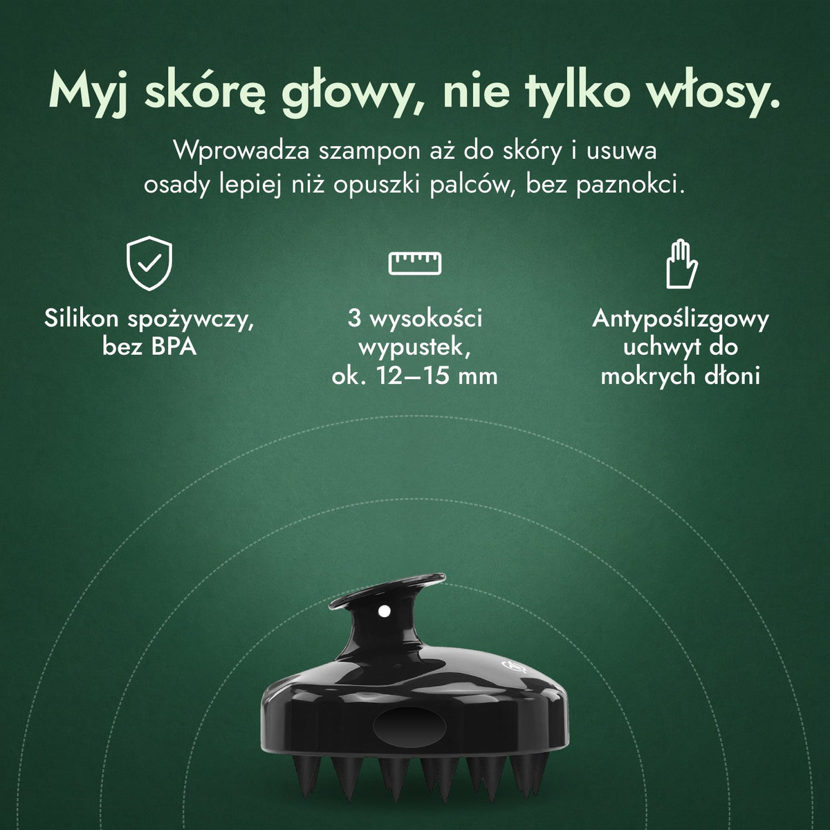 Szczotka do masażu skóry głowy: Myj skórę głowy, nie tylko włosy. Silikon spożywczy, bez BPA, 3 wysokości wypustek, ok. 12–15 mm, Antypoślizgowy uchwyt do mokrych dłoni