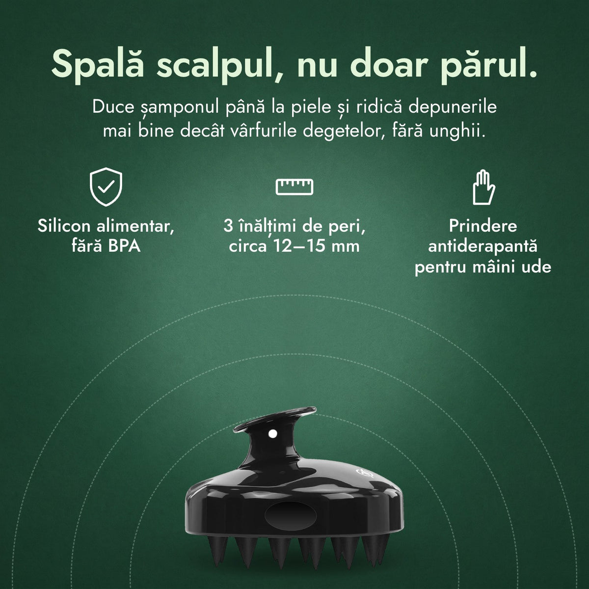 Perie de masaj pentru scalp: Spală scalpul, nu doar părul. Silicon alimentar, fără BPA, 3 înălțimi de peri, circa 12–15 mm, Prindere antiderapantă pentru mâini ude
