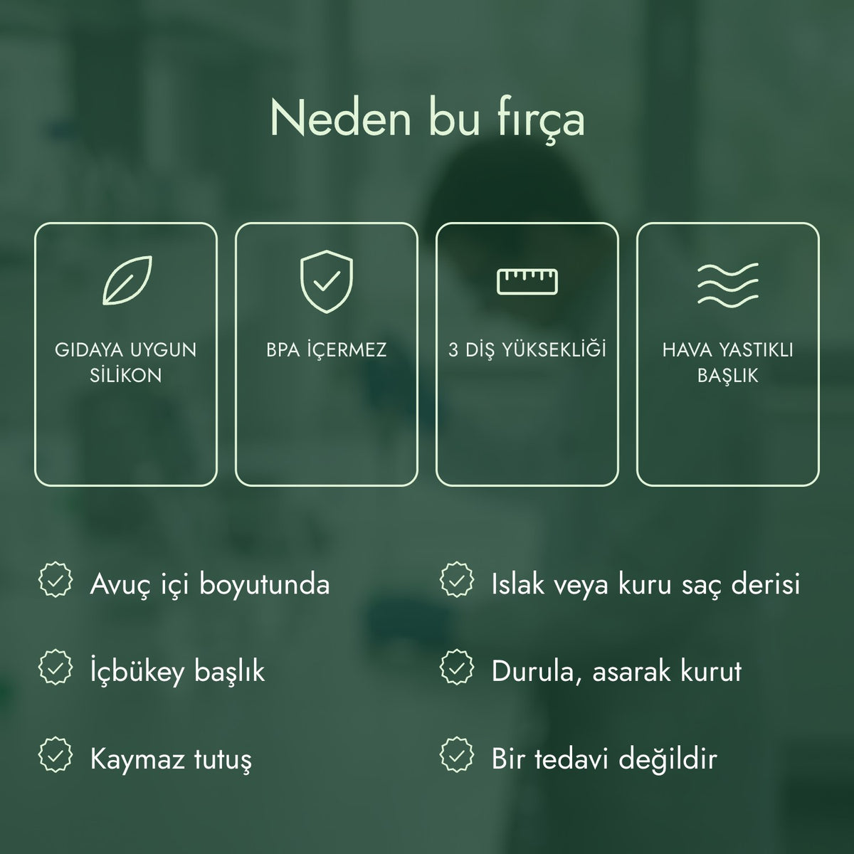 Neden bu fırça: Gıdaya uygun silikon, BPA içermez, 3 diş yüksekliği, Hava yastıklı başlık
