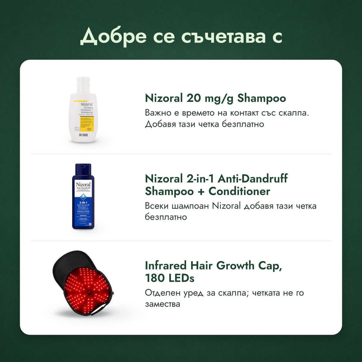Добре се съчетава с: Шампоан Nizoral 20 мг/г, Nizoral 2 в 1: шампоан + балсам против пърхот, Инфрачервена шапка за растеж на косата, 180 LED