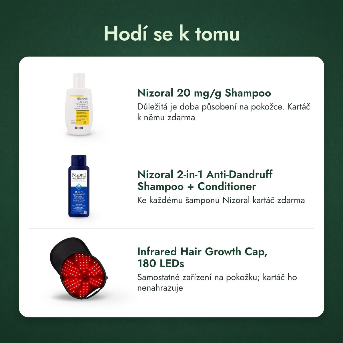 Hodí se k tomu: Nizoral 20 mg/g šampon, Nizoral 2 v 1 šampon proti lupům + kondicionér, Infračervená čepice pro růst vlasů, 180 LED