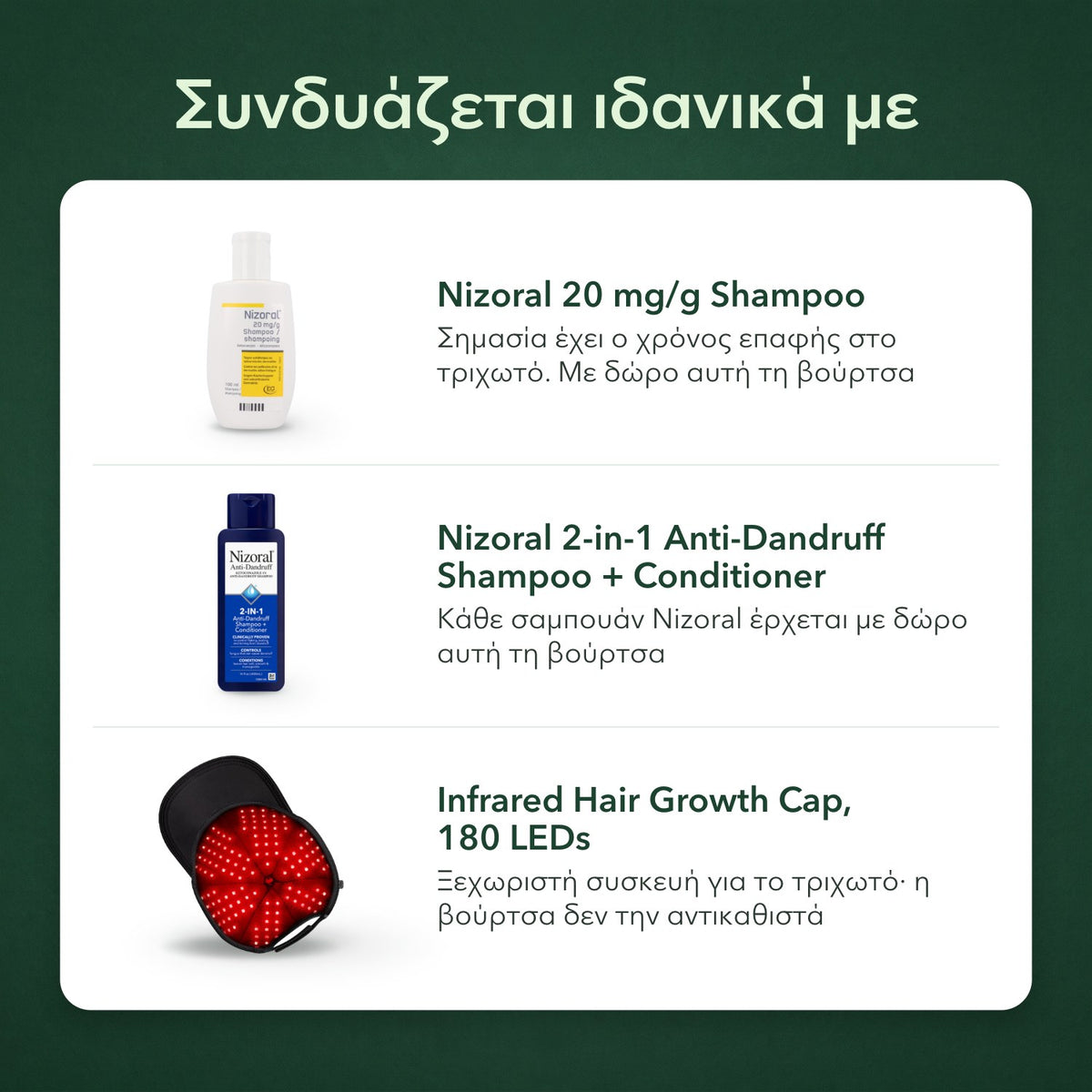 Συνδυάζεται ιδανικά με: Nizoral 20 mg/g σαμπουάν, Nizoral 2 σε 1 σαμπουάν + μαλακτική κατά της πιτυρίδας, Σκούφος υπερύθρων για ανάπτυξη μαλλιών, 180 LED