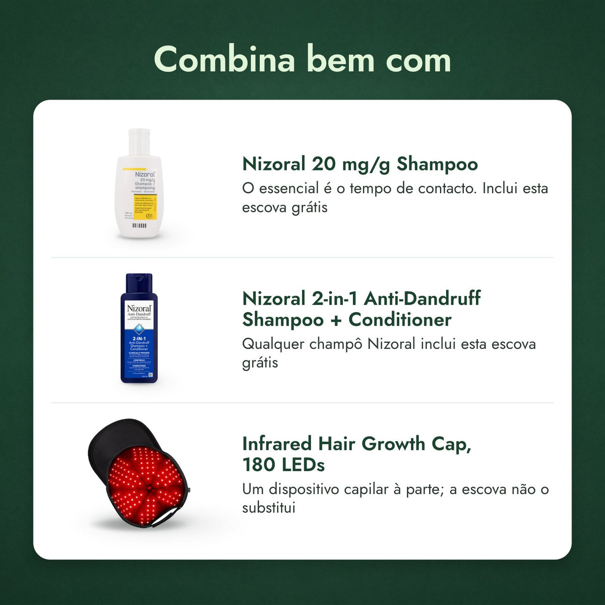 Combina bem com: Nizoral 20 mg/g Champô, Nizoral Champô e Amaciador Anticaspa 2 em 1, Touca infravermelha de crescimento capilar, 180 LED