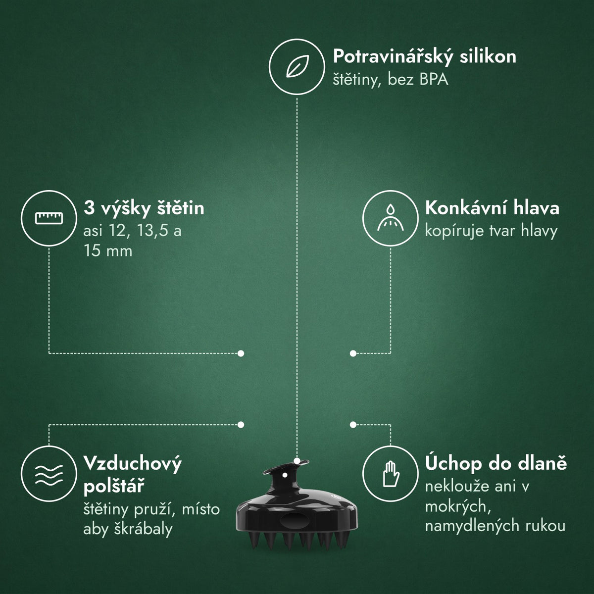 Masážní kartáč na mytí vlasů: Potravinářský silikon, 3 výšky štětin, Konkávní hlava, Vzduchový polštář, Úchop do dlaně