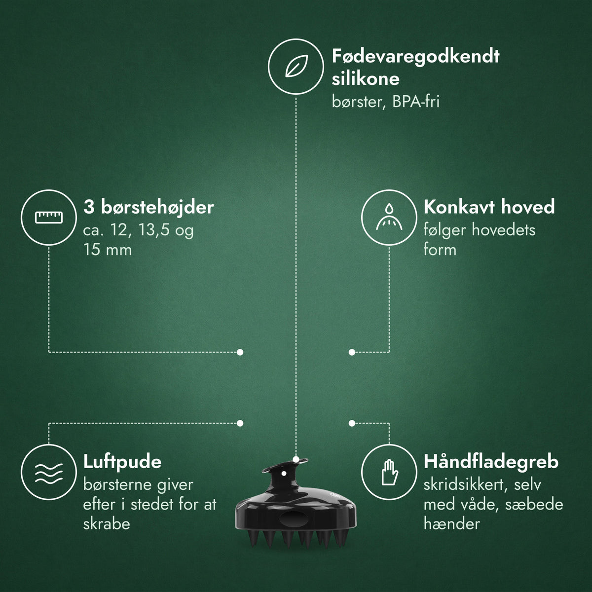 Massagebørste til hovedbunden ved hårvask: Fødevaregodkendt silikone, 3 børstehøjder, Konkavt hoved, Luftpude, Håndfladegreb