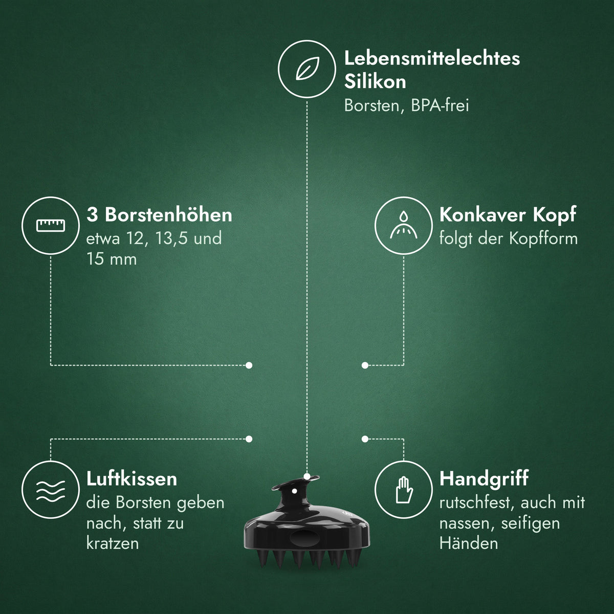 Kopfhautmassager, Shampoobürste: Lebensmittelechtes Silikon, 3 Borstenhöhen, Konkaver Kopf, Luftkissen, Handgriff