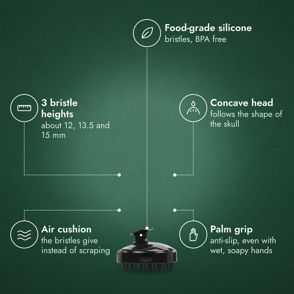 Scalp Massager Shampoo Brush: Food-grade silicone, 3 bristle heights, Concave head, Air cushion, Palm grip