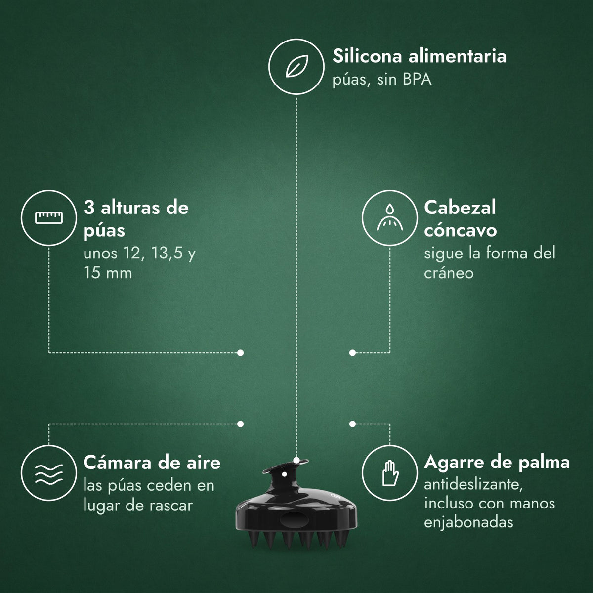 Cepillo masajeador para el cuero cabelludo: Silicona alimentaria, 3 alturas de púas, Cabezal cóncavo, Cámara de aire, Agarre de palma