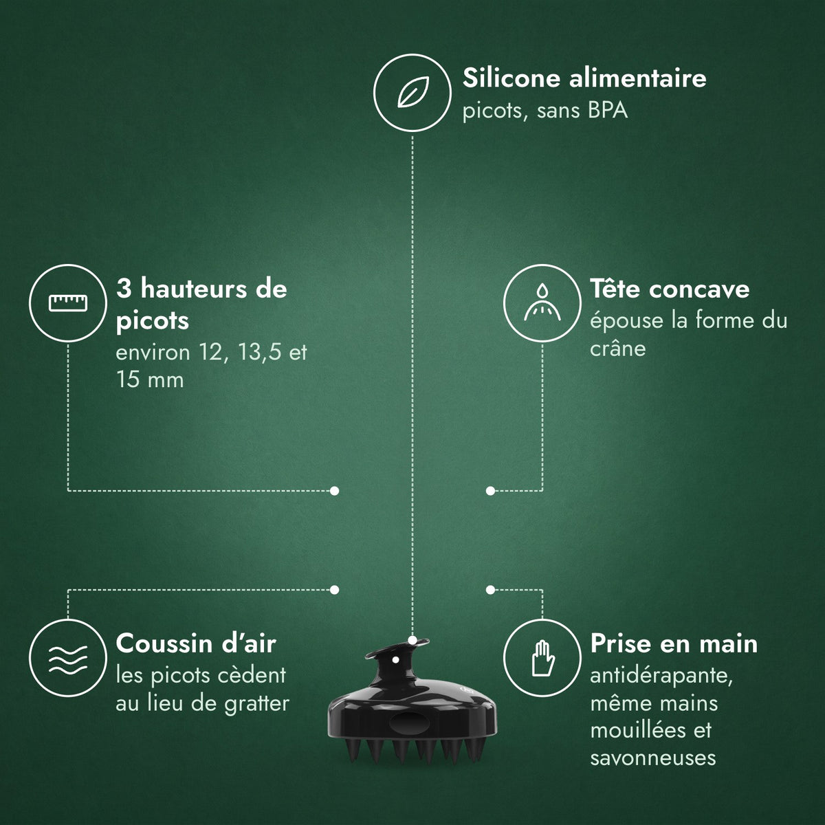 Masseur crânien, brosse à shampooing: Silicone alimentaire, 3 hauteurs de picots, Tête concave, Coussin d’air, Prise en main