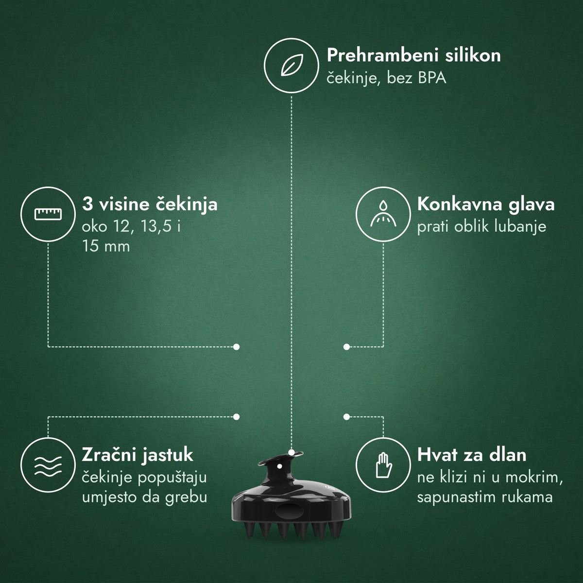 Četka za masažu vlasišta i pranje: Prehrambeni silikon, 3 visine čekinja, Konkavna glava, Zračni jastuk, Hvat za dlan