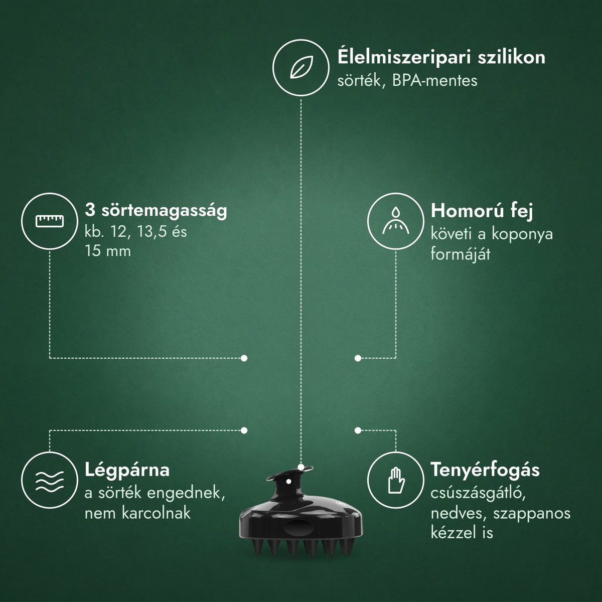 Fejbőrmasszírozó samponozó kefe: Élelmiszeripari szilikon, 3 sörtemagasság, Homorú fej, Légpárna, Tenyérfogás