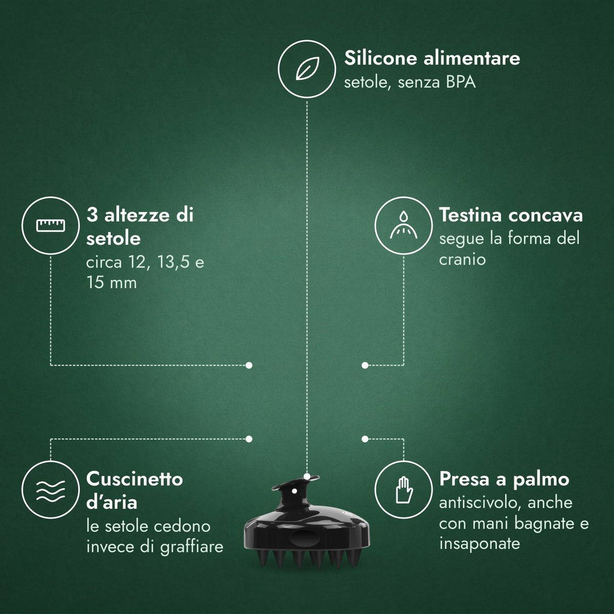 Spazzola massaggiante per cuoio capelluto: Silicone alimentare, 3 altezze di setole, Testina concava, Cuscinetto d’aria, Presa a palmo